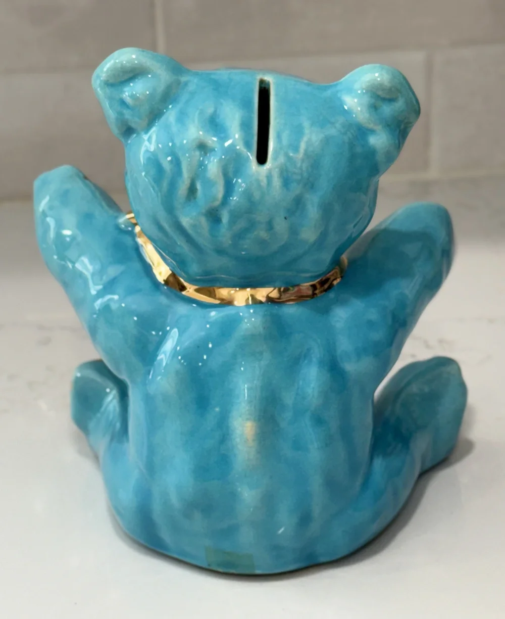 Vintage '40's Pearl China Turquoise Blue Ceramic Teddy Bear Piggy Bank Gold Bow